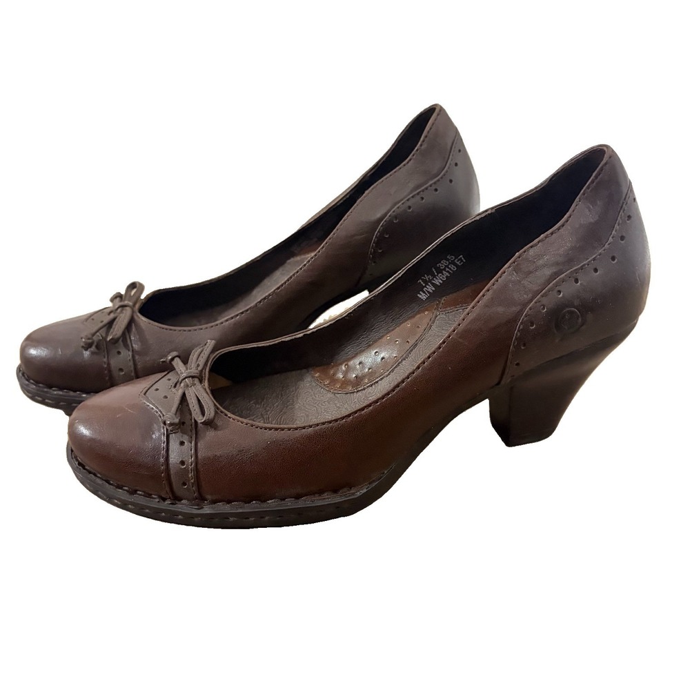 Born Leather Oxford Block Heels Women's Size 7.5 Brown Wingtip Shoes Academia